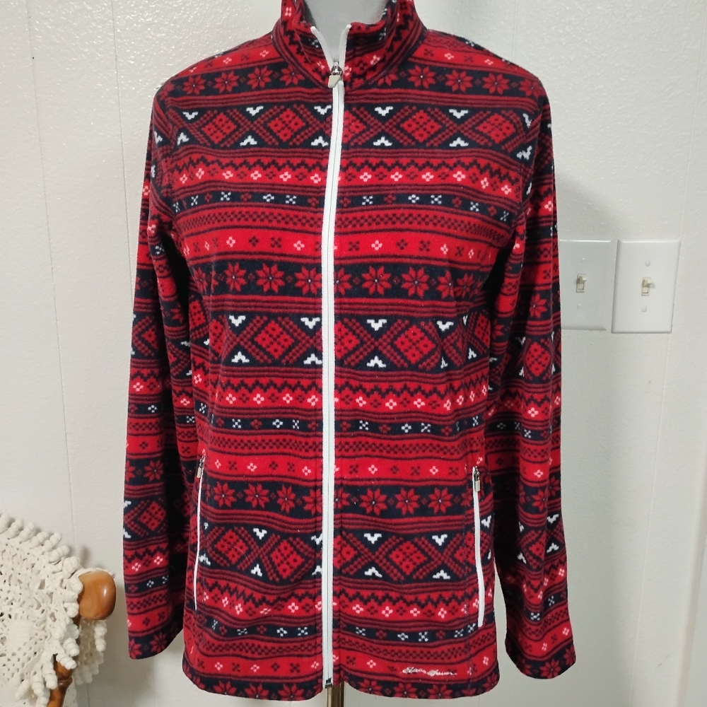 Eddie Bauer Women's Jacket Medium Full Zip Red/Black Fleece Winter Holiday